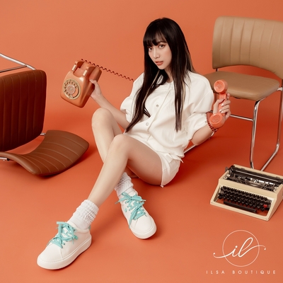 ANNSTAR 張琳ilsa聯名-自帶經典全真牛皮織標小白鞋3cm-藍