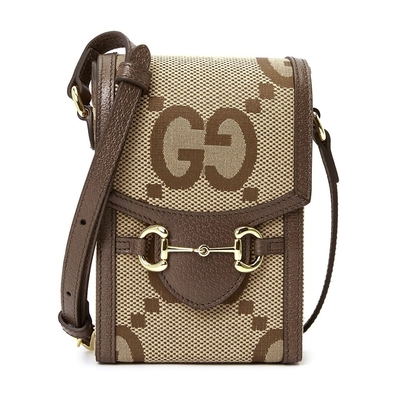 【 GUCCI 古馳 】 625615 經典1955系列Jumbo GG帆布馬銜扣肩背斜背手機包(棕色)