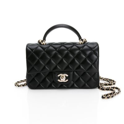 CHANEL香奈兒 CHANEL 香奈兒 Mini Flap with Top Handle (細紋/較小/提把/金黑雙色鏈帶)