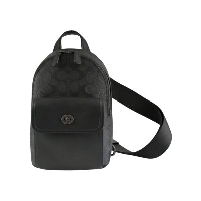 COACH黑灰C LOGO PVC拼接黑色素面皮革前口袋小款單肩胸背斜後背男包