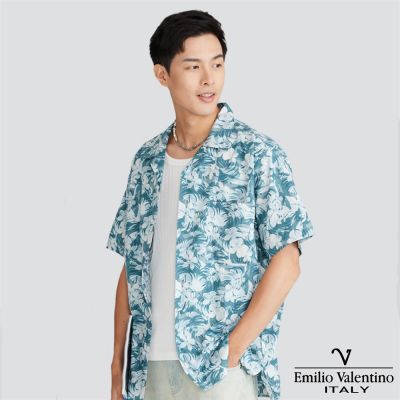 Emilio Valentino 范倫提諾古巴領短袖花襯衫-綠