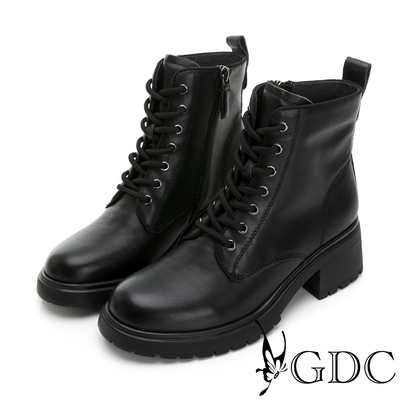 GDC-真皮基本款百搭流行綁帶馬丁中筒短靴-黑色