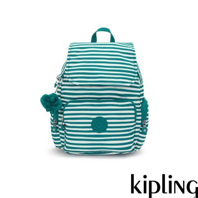 『猴子包』Kipling 白綠條紋掀蓋拉鍊後背包-CITY ZIP S