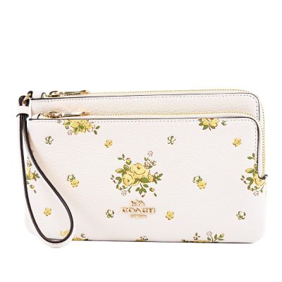 COACH 金字立體浮雕花卉荔枝紋大小雙層拉鍊大手拿包-黃/白