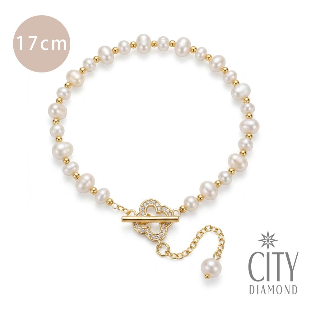 【City Diamond 引雅】天然珍珠 4-5mm 幸運草 水鑽 造型 手鍊-17cm (珠潤月詠系列)