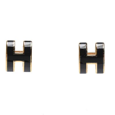 HERMES 經典Pop H立體簍空橢圓LOGO耳環(小 黑/金)