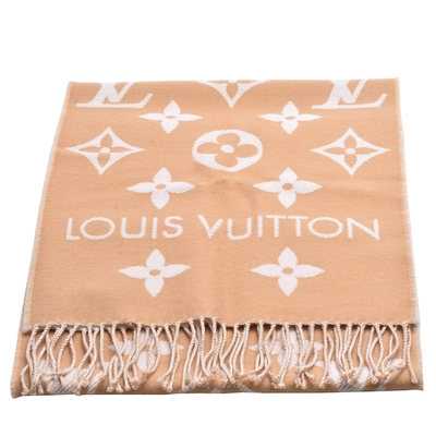 LOUIS VUITTON路易威登 LV M77728 經典ESSENTIAL圖案羊毛圍巾(米色)