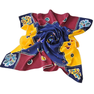 Christian DIOR 迪奧蠶絲CD圖騰LOGO印花正方大絲巾(深藍底/88*88CM)