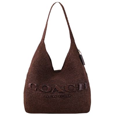 COACH Brooklyn 經典字母大立體LOGO草編HOBO單肩包(深咖)