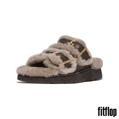 【FitFlop】GEN-FF 扣環雙帶翻羊毛皮革涼鞋-女(巧克力棕)
