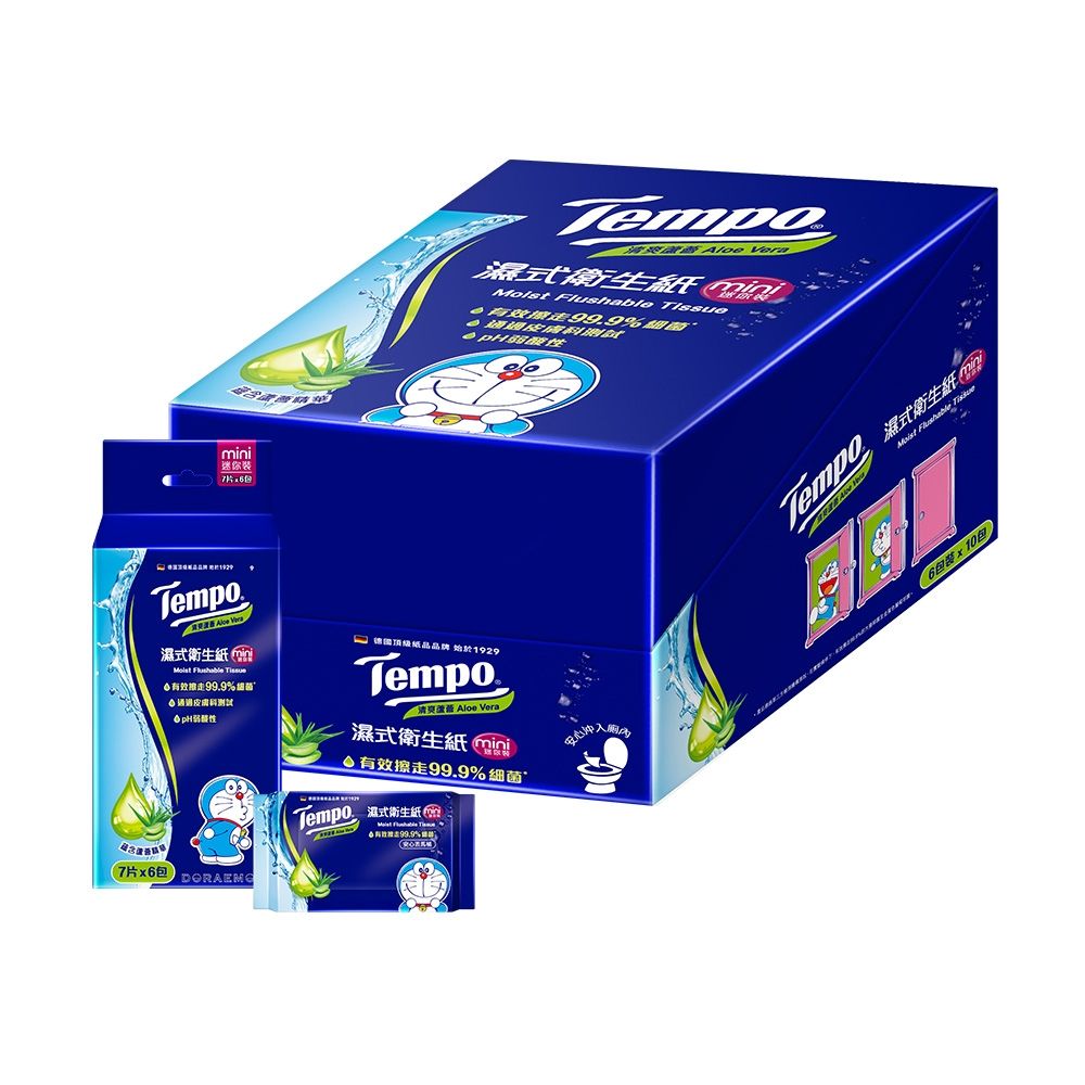 Tempo 哆啦A夢限量版清爽蘆薈迷你濕式衛生紙 7抽x6包x10串/箱