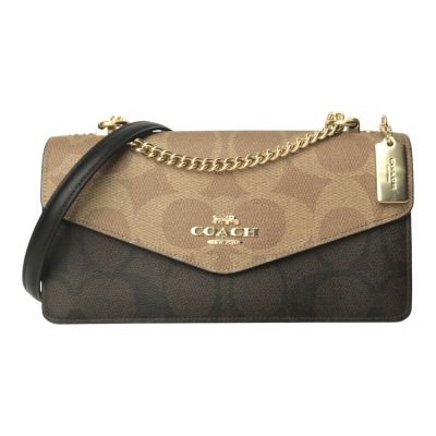 COACH-防刮拼色皮革信封式鍊帶斜背包(卡其x深咖)
