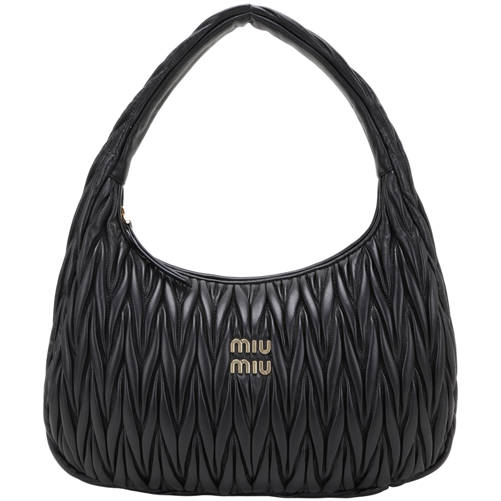 miu miu Wander Matelasse 大款 皺褶納帕皮革肩背半月包(35CM/黑色)
