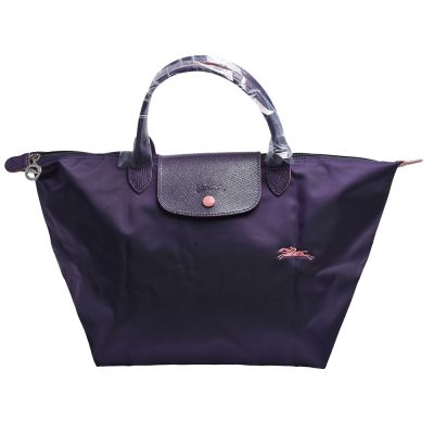 LONGCHAMP 經典Collection刺繡摺疊暗釦/拉鍊短提把尼龍水餃包(中-藍莓色)