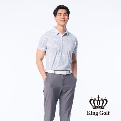 【KING GOLF】網路獨賣款-男款千鳥格印花涼感短袖POLO衫-灰色