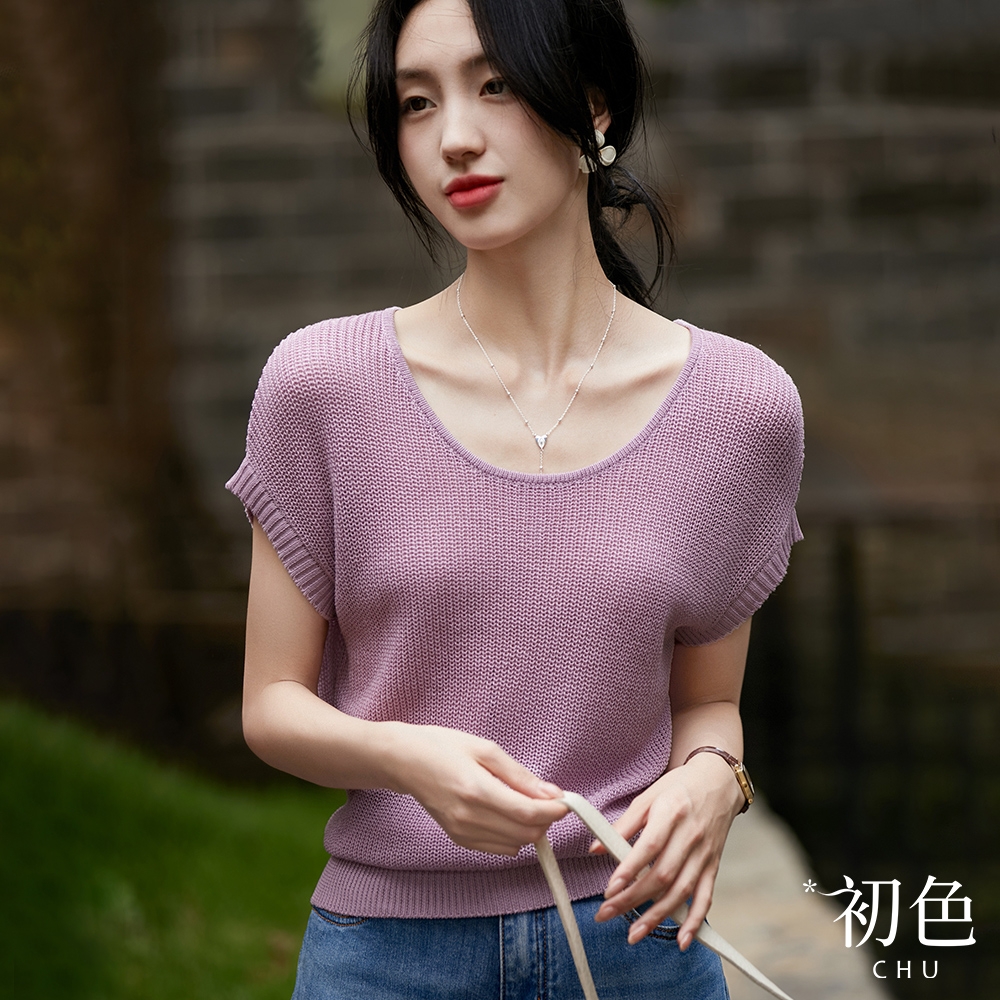 初色 棉麻簡約風圓領純色短袖針織衫上衣女上衣-共5色-11100(F可選)