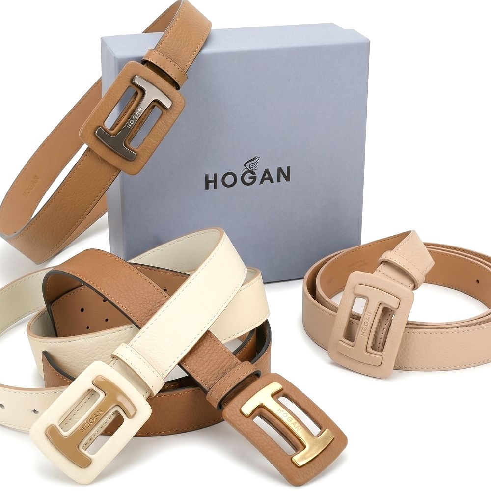 HOGAN H字母釦荔紋牛皮腰帶-多色可選 (裸粉)