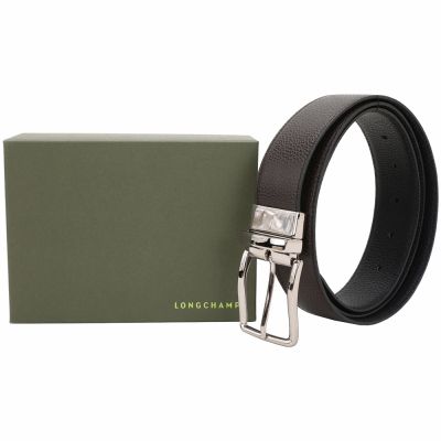 LONGCHAMP Le Foulonne 雙面兩用荔紋牛皮字母烙印銀框腰帶(35mm/咖啡x黑)
