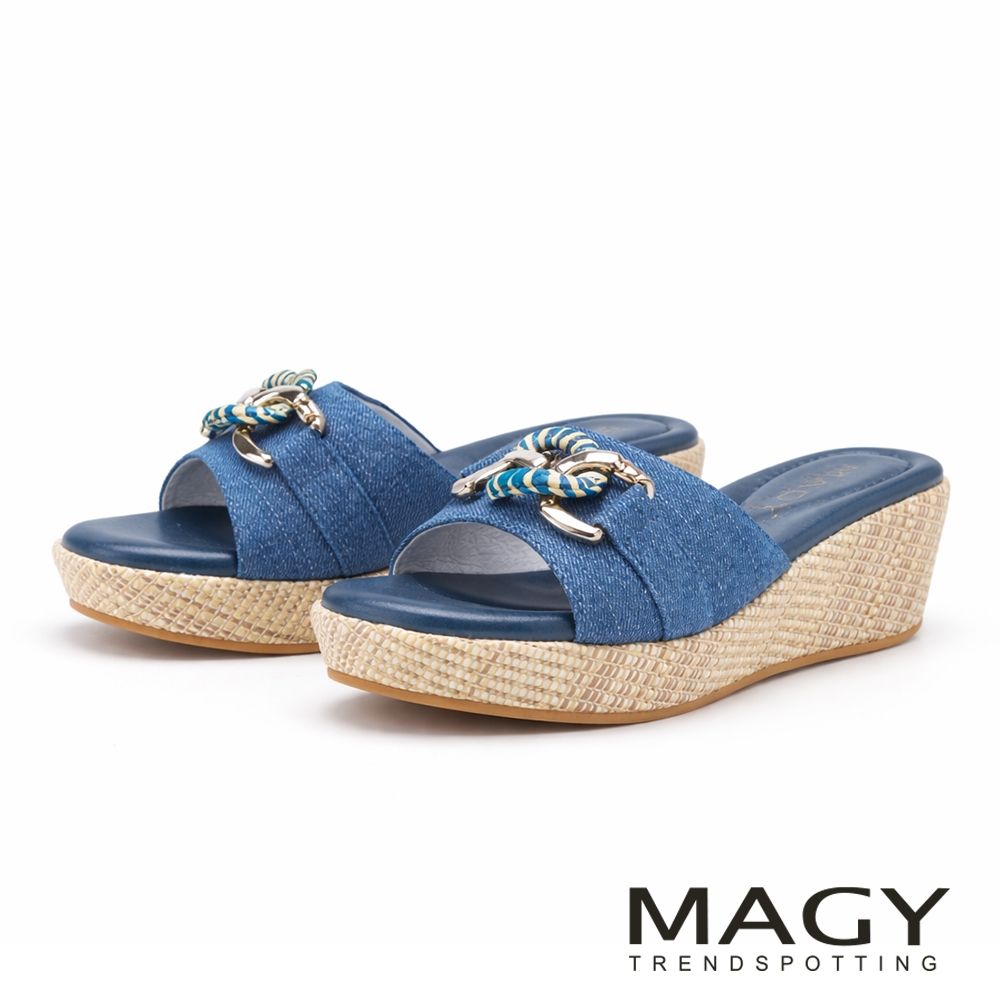 MAGY 柔軟牛仔布厚底楔型涼拖鞋 藍色