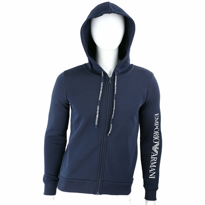 Emporio Armani 字母鷹標印花深藍色連帽外套 運動衫(男女可穿/刷毛襯裡)