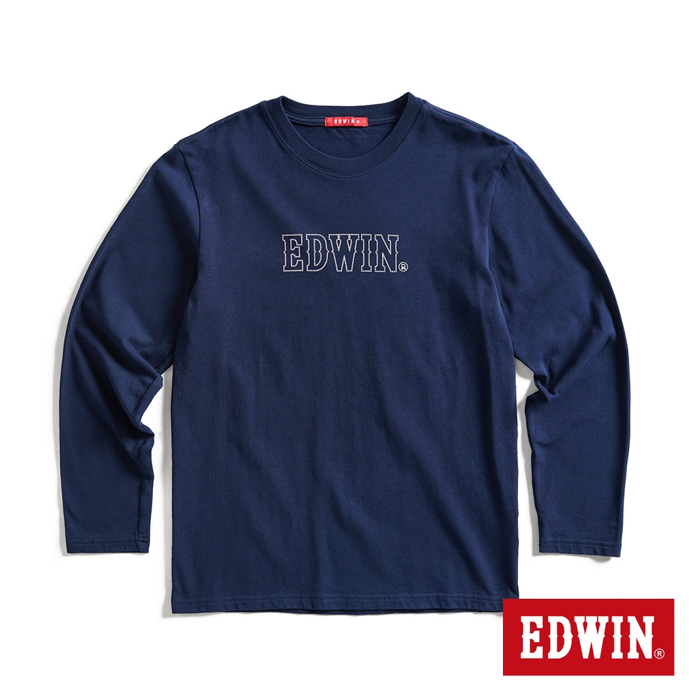 EDWIN 男裝 仿繡線印花LOGO長袖T恤-丈青色