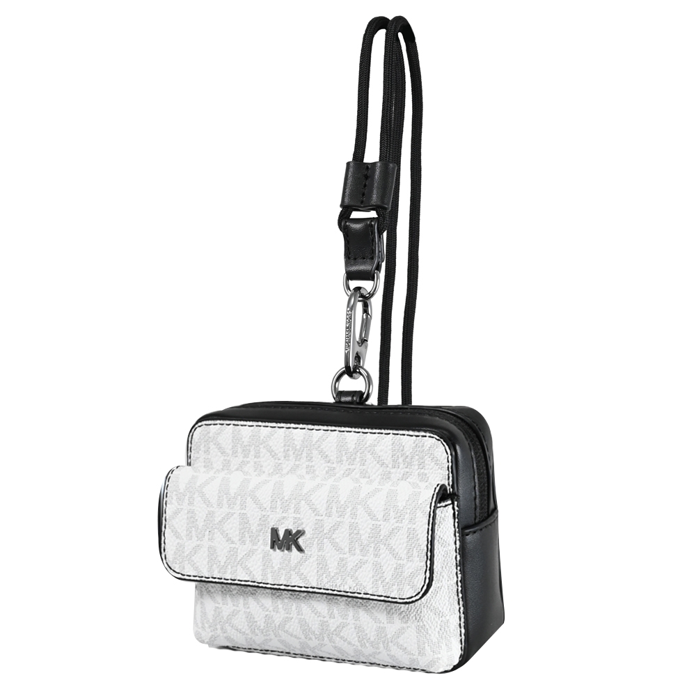 MICHAEL KORS GIFTING 經典MK印花鑰匙釦卡片零錢包/隨身小廢包禮盒組(白/黑-附頸掛帶)