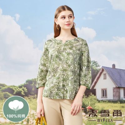 MYVEGA麥雪爾 純棉棕梠葉印花七分袖上衣-綠