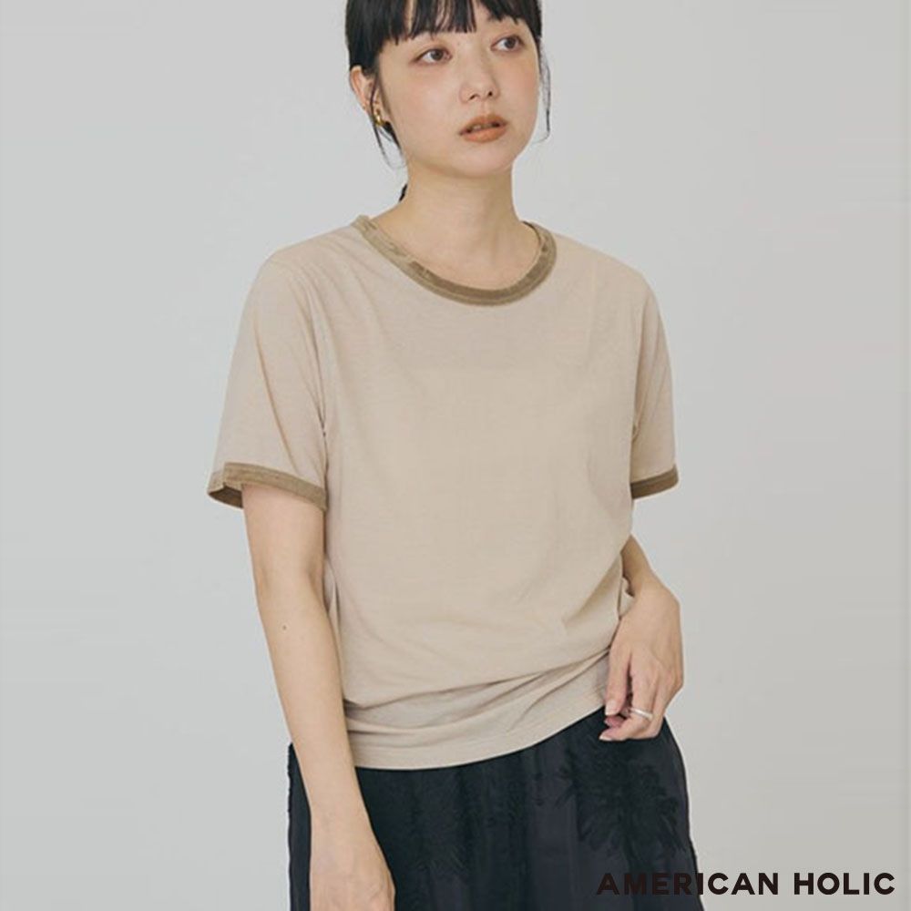 〔AMERICAN HOLIC〕天鵝絨撞色滾邊圓領休閒T恤