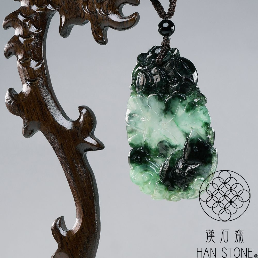 漢石齋】天然翡翠A貨如魚得水玉佩吊墜冰種花青(38*55*5mm) | 漢石齋