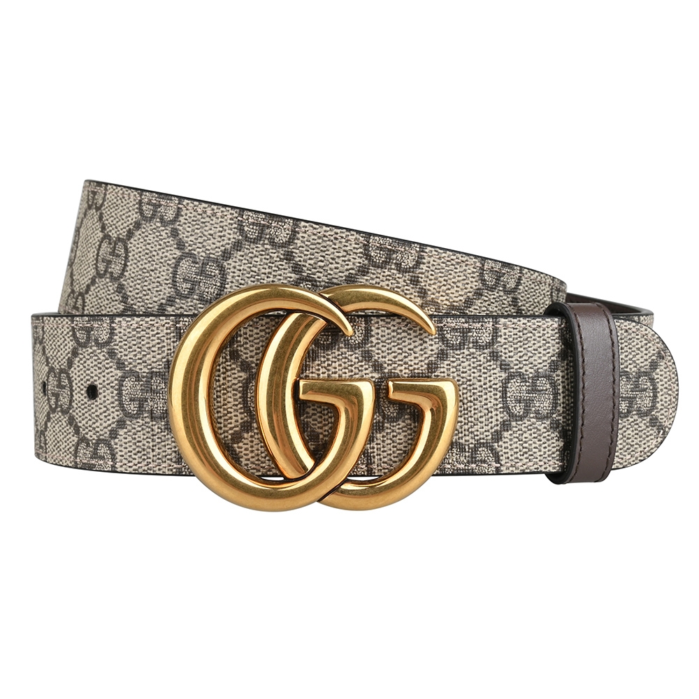 GUCCI 帆布Belt皮帶 GUCCI GG Marmont復古金色雙G金屬LOGO塗層帆布皮革雙面扣式皮帶(烏木x