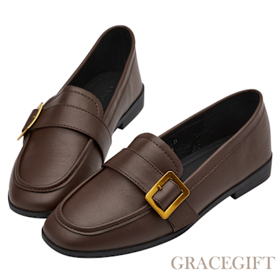 【Grace Gift】紳士金屬皮帶扣方頭平底樂福鞋 咖