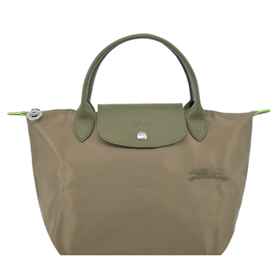 LONGCHAMP LE PLIAGE GREEN系列刺繡短把再生尼龍摺疊水餃包(小/朝鮮薊綠)