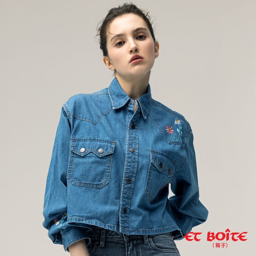 ET BOîTE 箱子 BLUE WAY – 解構剪接花朵繡花丹寧牛仔襯衫