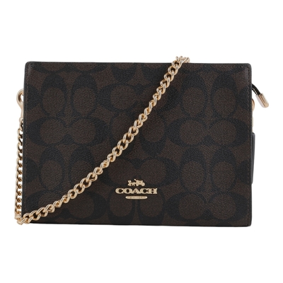 COACH 金馬車防刮LOGO鍊帶可拆帶手拿/斜背包(深咖)mini