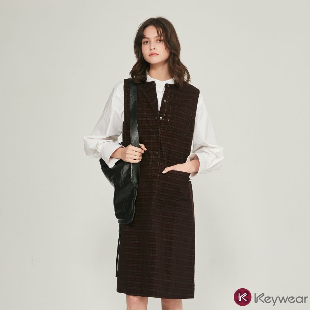KeyWear奇威名品 復古學院格調無袖洋裝-咖啡色