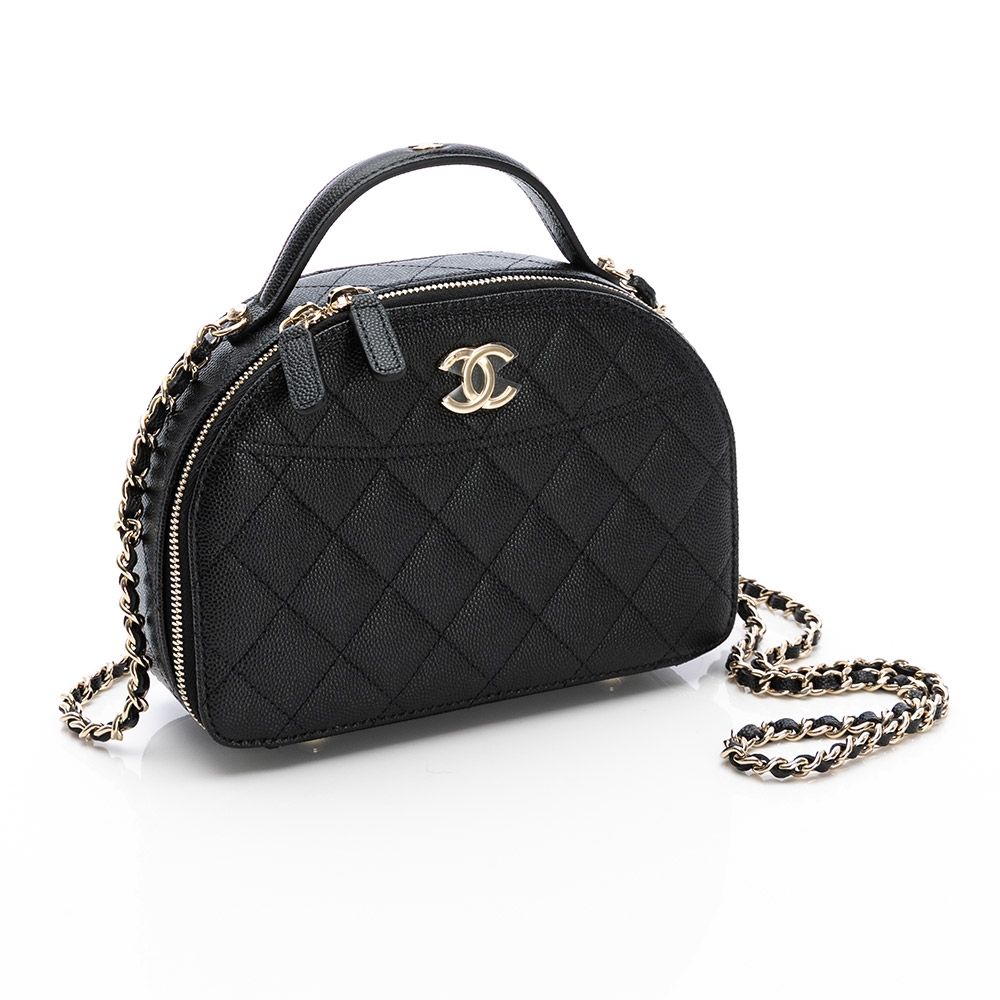 Chanel 25C 提把拉鍊弧形肩背包(黑/金) (粒紋/金黑雙色鏈帶)