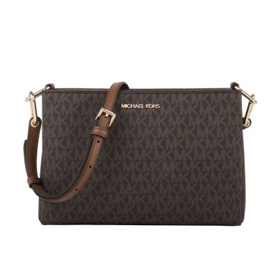 MICHAEL KORS 金字滿版MK PVC皮革三層斜揹包(深咖)