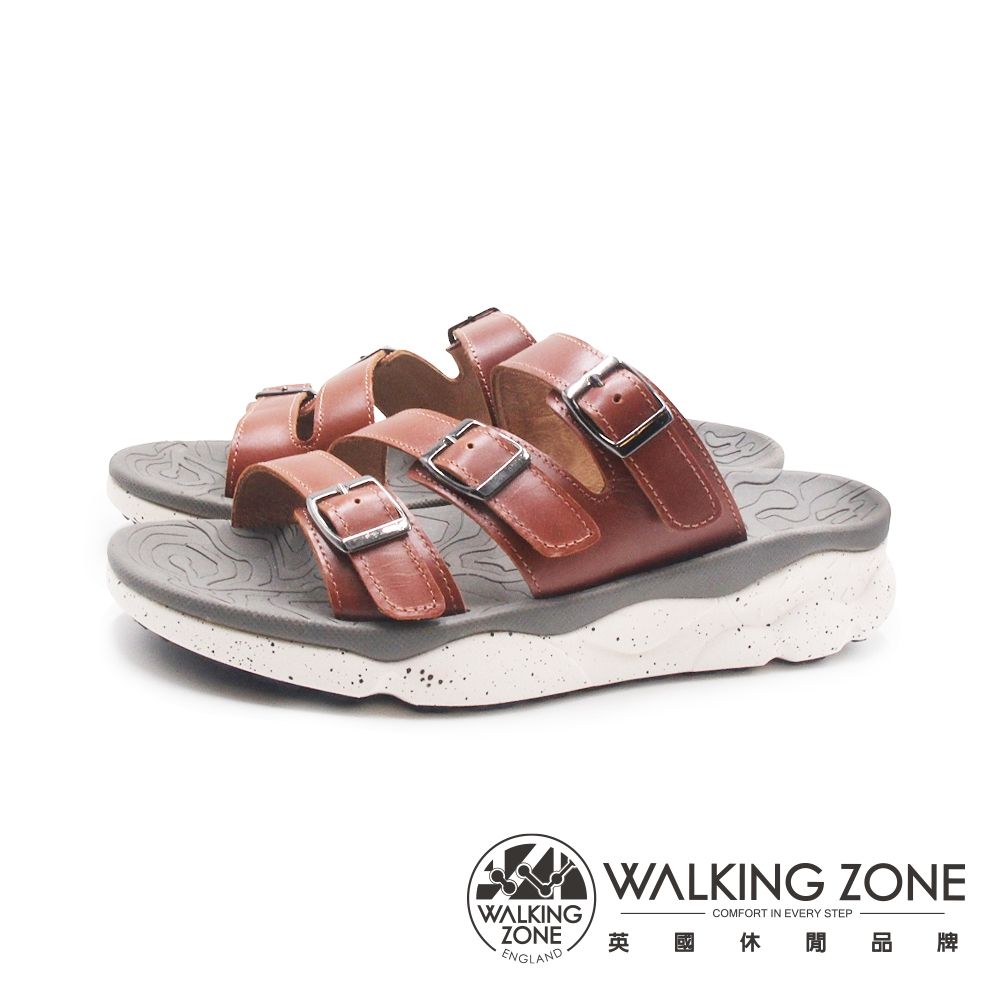 WALKING ZONE(男)三帶皮釦增高厚底拖鞋 男鞋-暖咖色