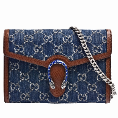 GUCCI 古馳 經典Dionysus系列單寧牛仔虎頭釦銀鍊手拿/斜背包(藍色)