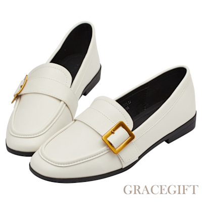 【Grace Gift】紳士金屬皮帶扣方頭平底樂福鞋 米白