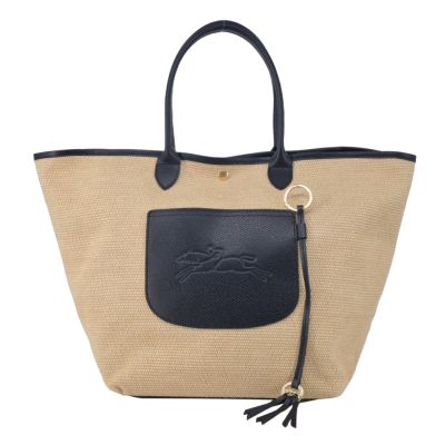 LONGCHAMP LE PANIER PLIAGE系列前口袋編織提籃包(大/黑)