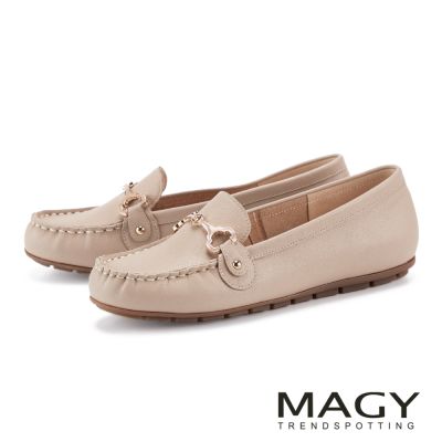 MAGY 金屬馬銜釦柔軟牛皮平底樂福鞋 裸色