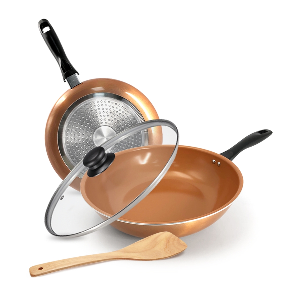 義大利Mama Cook】銅瓷複合金IH不沾鍋具四件組(炒鍋+平底鍋+鍋蓋+木鏟