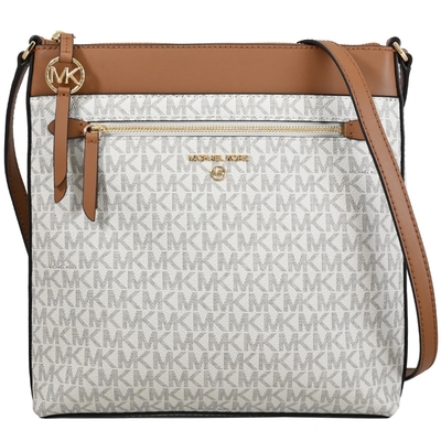 MICHAEL KORS Jet Set Charm 經典印花拼接拉鍊斜背方包(白/焦糖色)