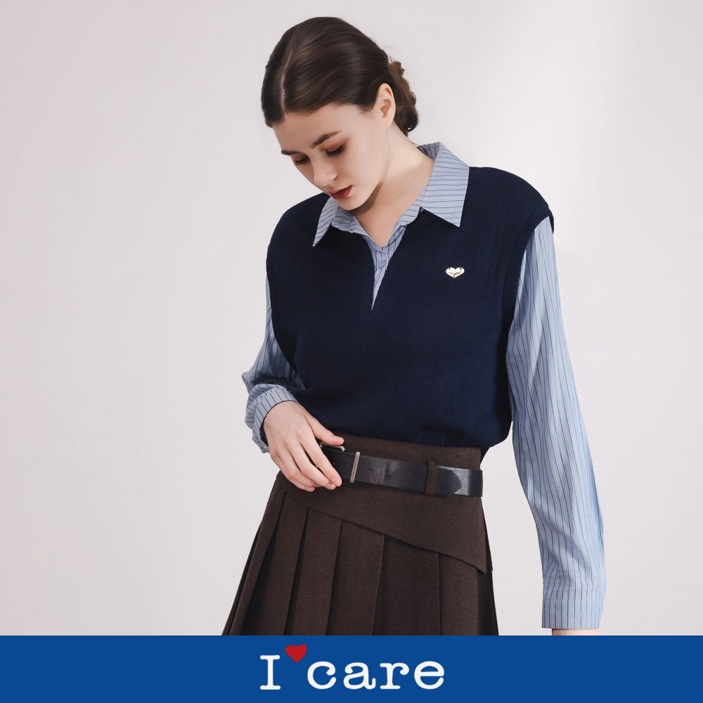 現貨【I'care 依卡】層次感拼接背心條紋襯衫（M-L）｜條紋襯衫 假兩件上衣 女休閒上衣