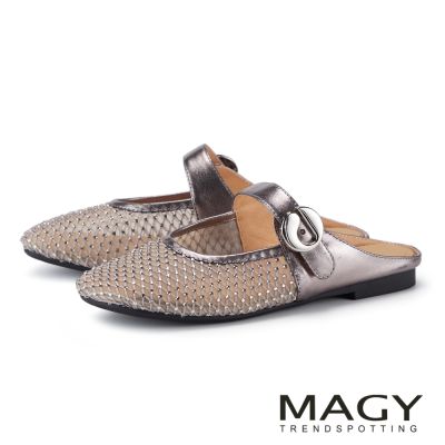 MAGY 牛皮鑽飾扣帶紗網穆勒鞋 銀色