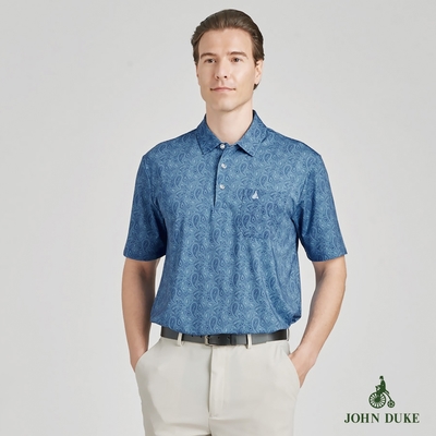 【JOHN DUKE約翰公爵】男裝吸排彈性抗UV襯衫領印花短袖休閒POLO衫 藍(20-4V2835)