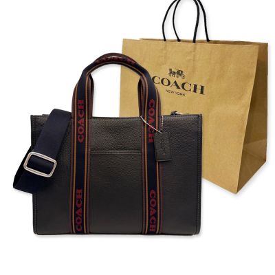 COACH 素面牛皮手提/斜背兩用琴譜大方包附紙袋(黑)