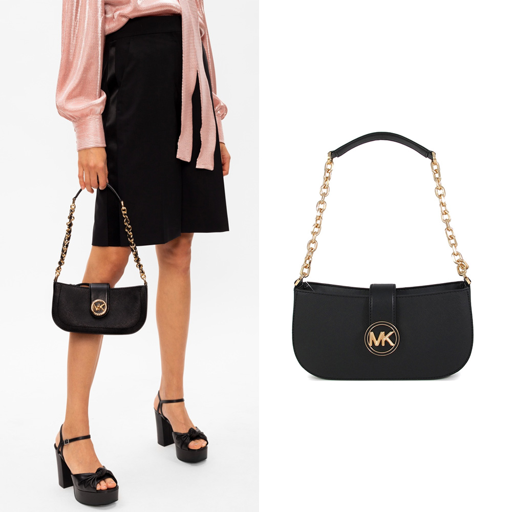 MICHAEL KORS Carmen 金字大圓標Logo防刮素面金鏈肩背包(黑色)