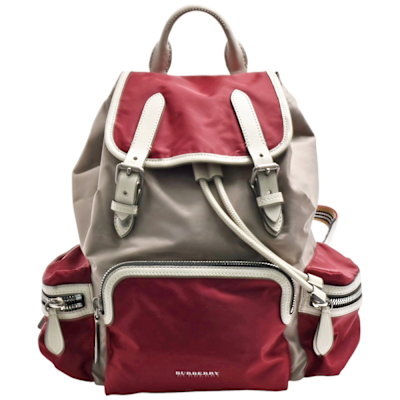 BURBERRY 經典品牌LOGO雙色滾邊尼龍多口袋後背包(酒紅/米灰色)